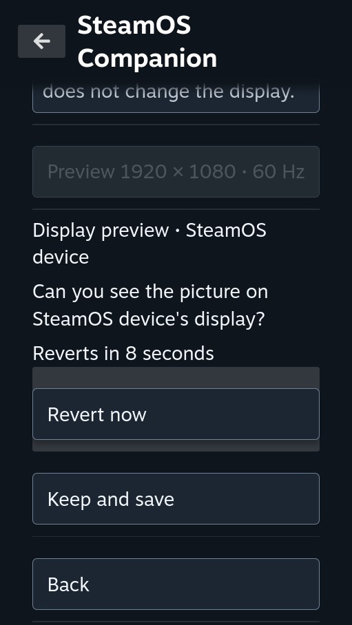 Display preview asking whether the picture is visible on the remote device, with a revert countdown