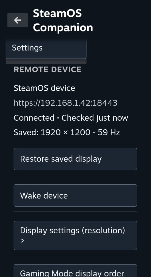 SteamOS Companion Remote device view showing a connected device, saved display mode, and action buttons