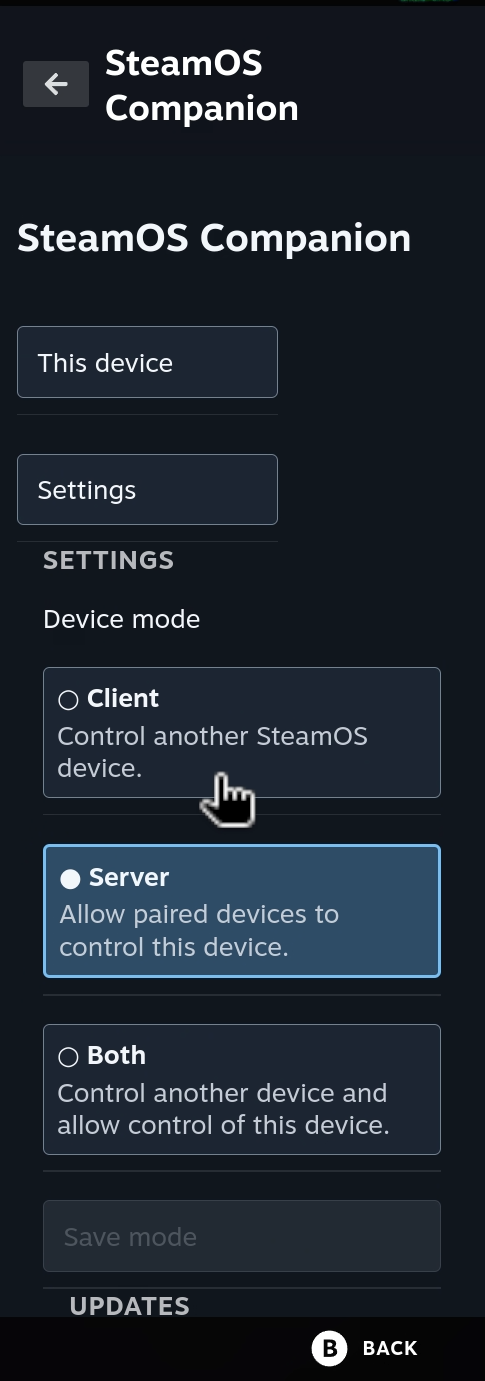 Device mode settings offering Client, Server, and Both