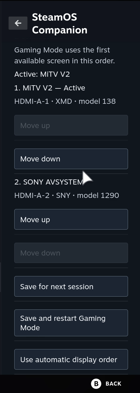 Local Gaming Mode display order with two HDMI outputs and Move up and Move down controls