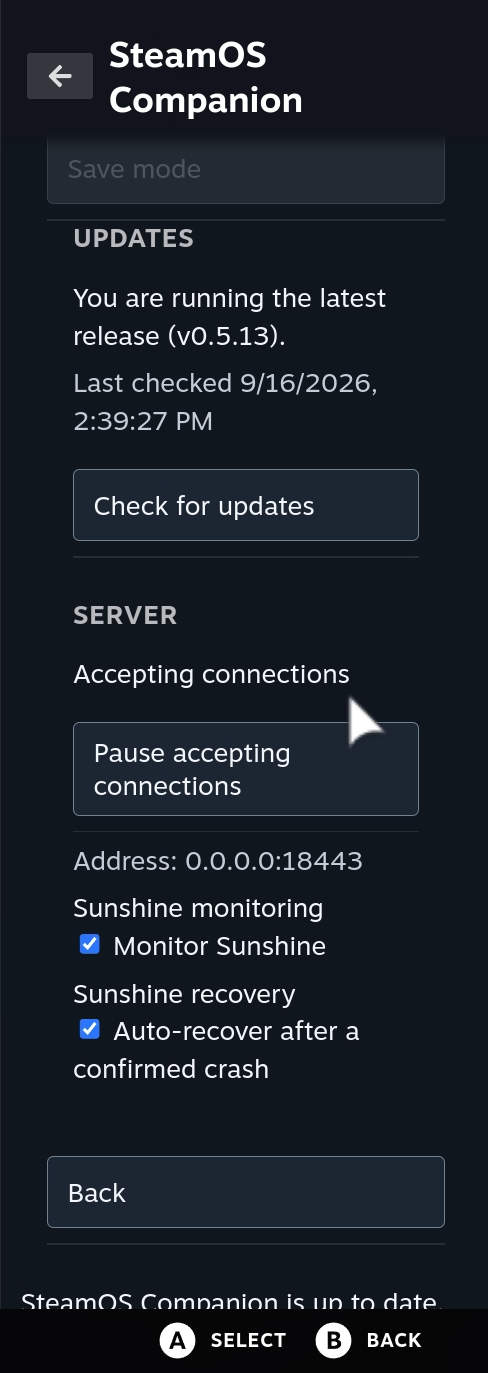 Updates section showing the latest release is installed, plus server and Sunshine monitoring settings